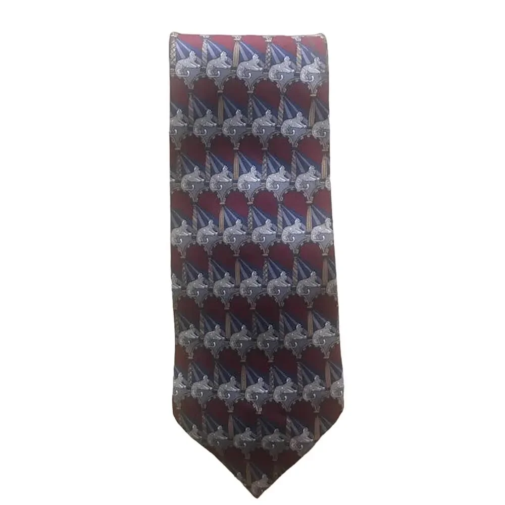 Vintage Wide Geoffrey Beene Silk Maroon Lion Sphinx Print Tie, All Silk Necktie